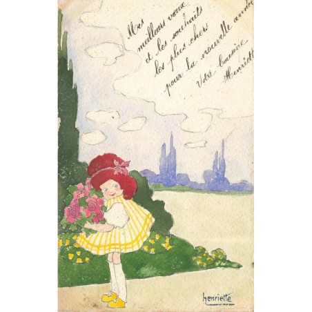 n°30674 - Carte Peinte à la Main - Henriette - Fillette au bouquet de roses - Mes meilleurs Voeux (1917)