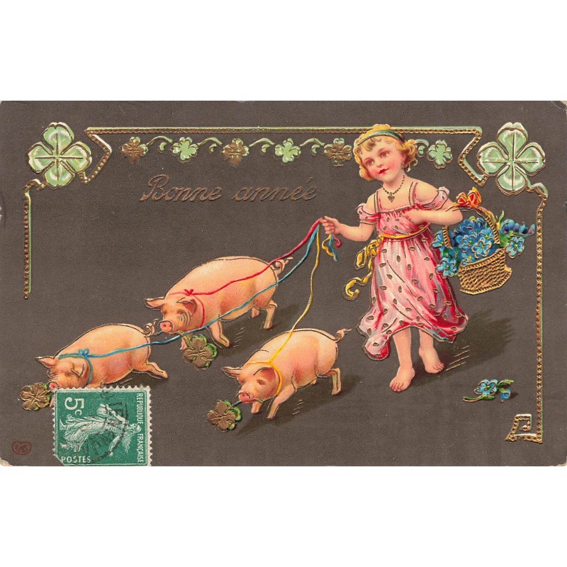 n°30675 -  Bonne Année - Fillette tenant en laisse trois petits cochons porte-bonheur