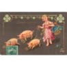n°30675 -  Bonne Année - Fillette tenant en laisse trois petits cochons porte-bonheur