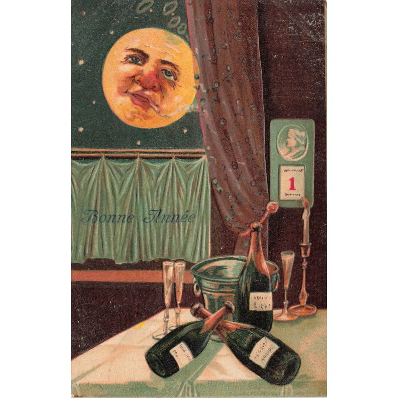 n°30676 -  Carte Gaufrée - Bonne Année - Bouteilles de Champagne & Lune humanisée