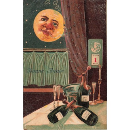 n°30676 -  Carte Gaufrée - Bonne Année - Bouteilles de Champagne & Lune humanisée