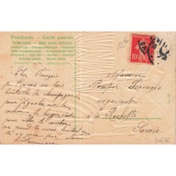 n°30676 -  Carte Gaufrée - Bonne Année - Bouteilles de Champagne & Lune humanisée