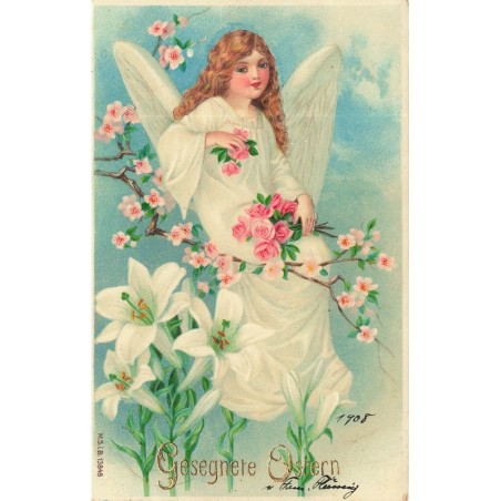 n°30677 - Pâques - MSIB 13848 - Gesegnete Ostern - Ange Gardien aux fleurs et Lys (1908)