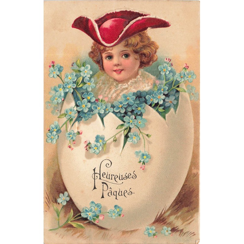 n°30678 - Carte Gaufrée - Clapsaddle - Enfant dans un oeuf de Pâques - Myosotis