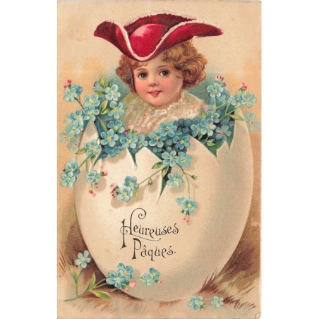 n°30678 - Carte Gaufrée - Clapsaddle - Enfant dans un oeuf de Pâques - Myosotis