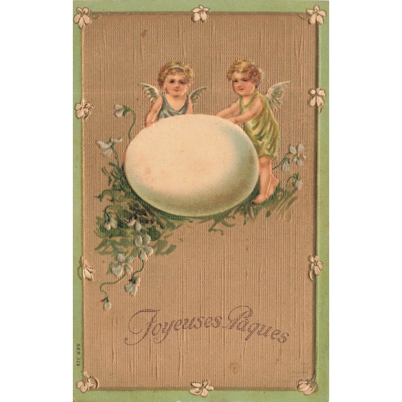 n°30680 - Carte gaufrée - Joyeuses Pâques - Anges, Chérubins et Grand Oeuf - (SER 329)