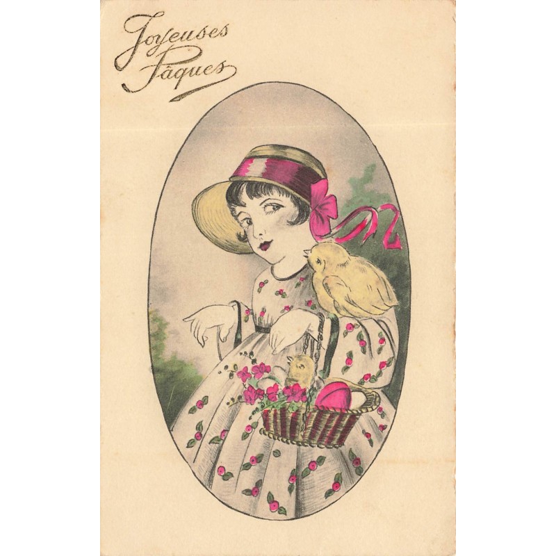 n°30681 - Joyeuses Pâques - Petite fille au chapeau, poussin et panier d'oeufs