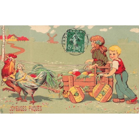 n°30682 - Joyeuses Pâques - Enfants, Charrette d'oeufs et Coqs - Raphaël Tuck (1908)