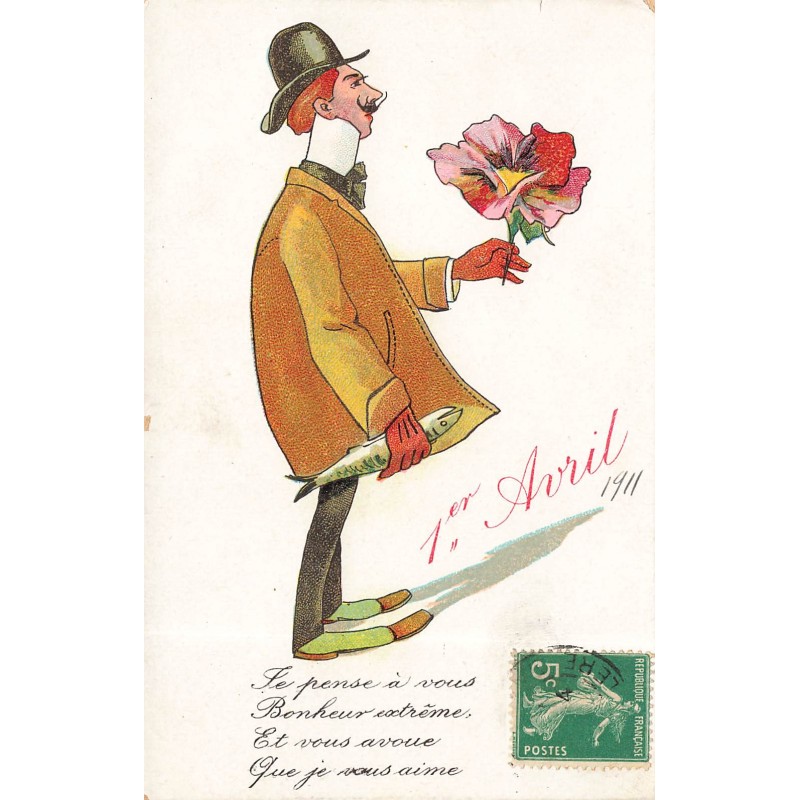 n°30686 -  Fantaisie - 1er Avril 1911 - Homme élégant au poisson et à la fleur