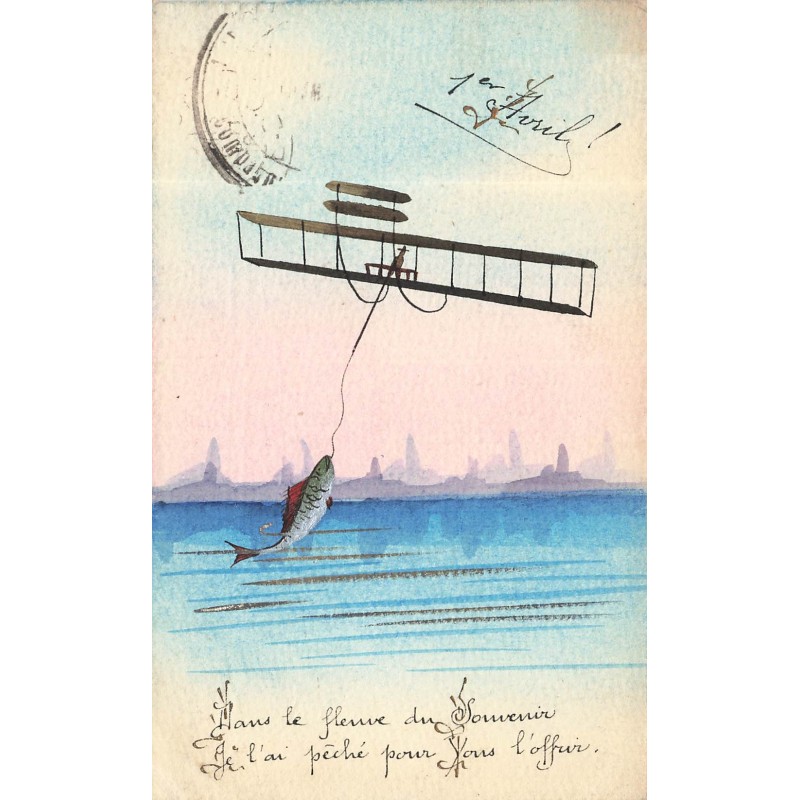 n°30687 - Carte Peinte à la Main - 1er Avril / Poisson d'Avril - Aviation Biplan Pêchant un Poisson
