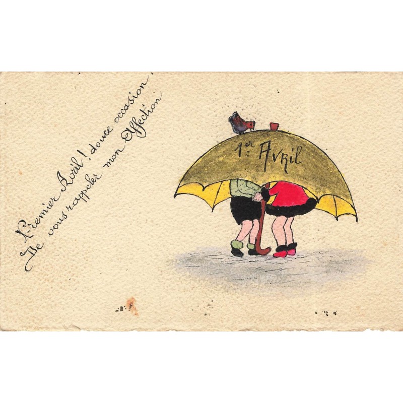 n°30688 - Carte Peinte à la Main - 1er Avril - Premier Avril ! douce occasion - Enfants sous parapluie