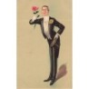 n°30689 - Carte Gaufrée - Illustration élégant Dandy au Monocle tenant une Rose