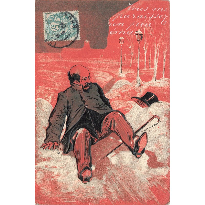 n°30690 - Carte Gaufrée - Chute d'un homme dans la neige - "Vous me paraissez un peu ému"