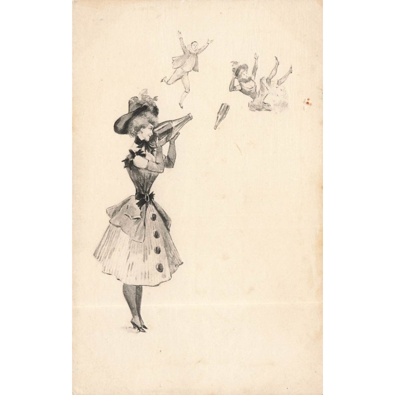 n°30691 - Femme tenant une bouteille de champagne comme longue-vue, Pierrot et personnage