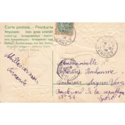 n°30693 - Carte Gaufrée - Clapsaddle - Enfant avec Coeur, Ruban et Violettes  (1908)