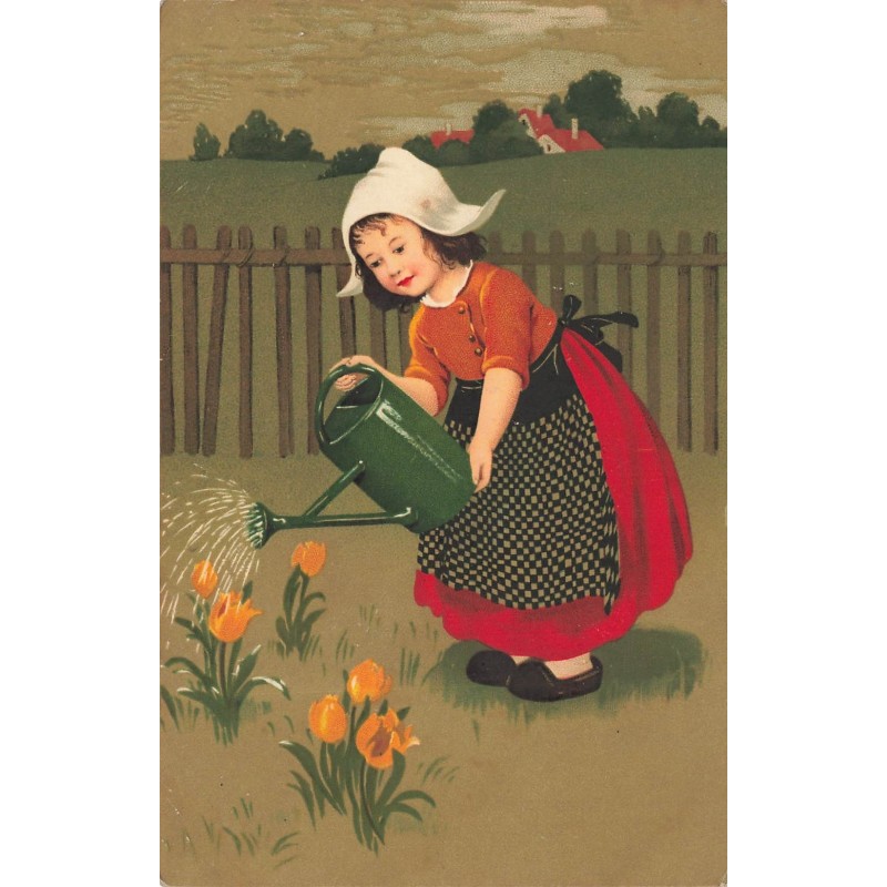 n°30694 - Fillette aux sabots arrosant des tulipes - Holland's Jugend - Meissner & Buch