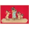 n°30696 - Carte Gaufrée - Famille de chiens Carlins (Pugs)