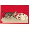 n°30698 - Carte Gaufrée - Chaton et trois petits chiots endormis