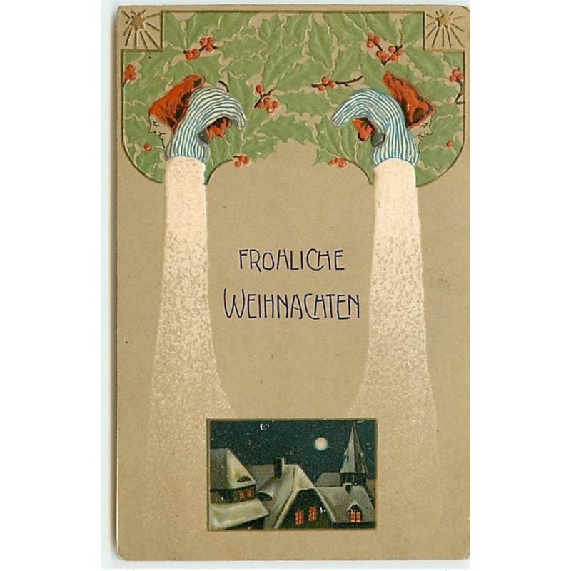 n°13927 - Carte Gaufrée - Fröhliche Weihnachten - Paysage - Nains - lutins