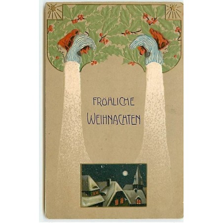 n°13927 - Carte Gaufrée - Fröhliche Weihnachten - Paysage - Nains - lutins