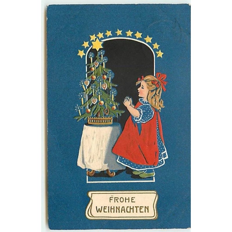 n°13928 - Carte Gaufrée - Fröhe Weihnachten - Fillette près d'un sapin