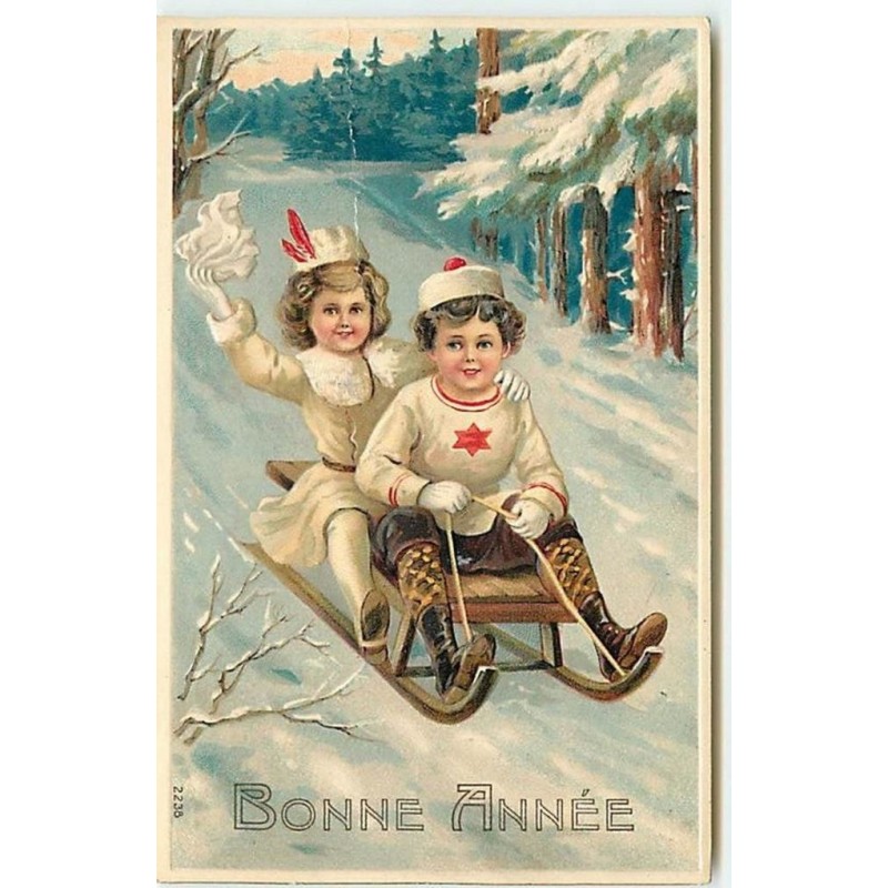 n°13939 - Carte Gaufrée - Bonne Année - Couple d'enfants sur une luge
