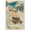 n°13939 - Carte Gaufrée - Bonne Année - Couple d'enfants sur une luge