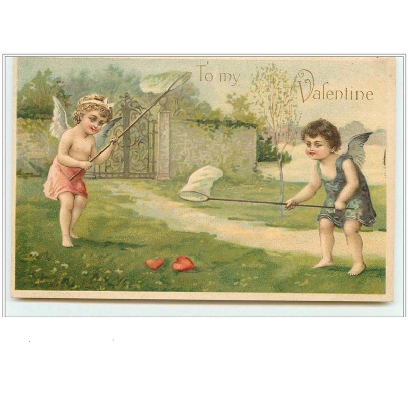 n°1041 - Carte Gaufrée - To my Valentine -  Angelots attrapant des coeurs