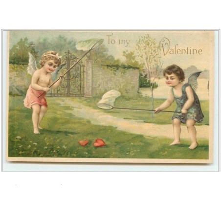 n°1041 - Carte Gaufrée - To my Valentine -  Angelots attrapant des coeurs