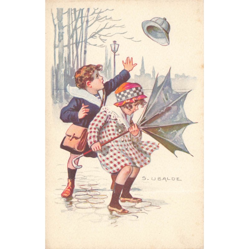 n°30704 - Illustrateur S. Ubalde - Enfants sous le vent, parapluie retourné et chapeau envolé
