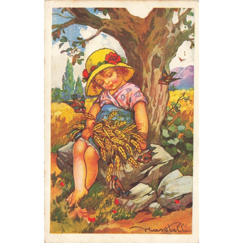 n°30706 - Illustrateur Castelli - Fillette endormie au pied d'un arbre avec gerbe de blé et petits oiseaux
