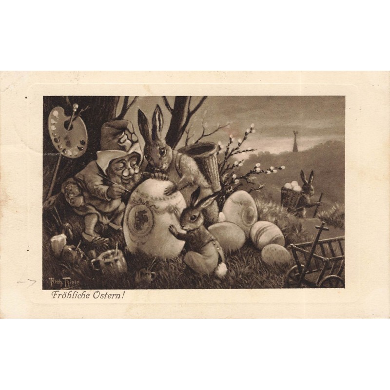n°30707 - Illustrateur Arthur Thiele - Pâques - Nain et lapins peignant un oeuf - Fröhliche Ostern!