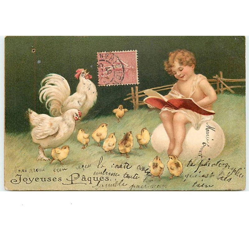 n°13979 - Carte Gaufrée - Clapsaddle - Joyeuses Pâques - Ange faisant la lecture à une poule, un coq et des poussins