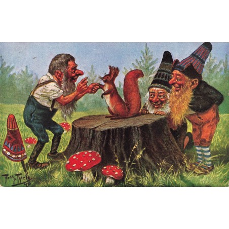 n°30708 - Illustrateur Arthur Thiele - Lutins et écureuil sur une Souche - Champignons