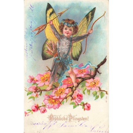 n°30712 - Fröhl iche Pfingsten- Cupidon aux ailes de papillon sur branche fleurie