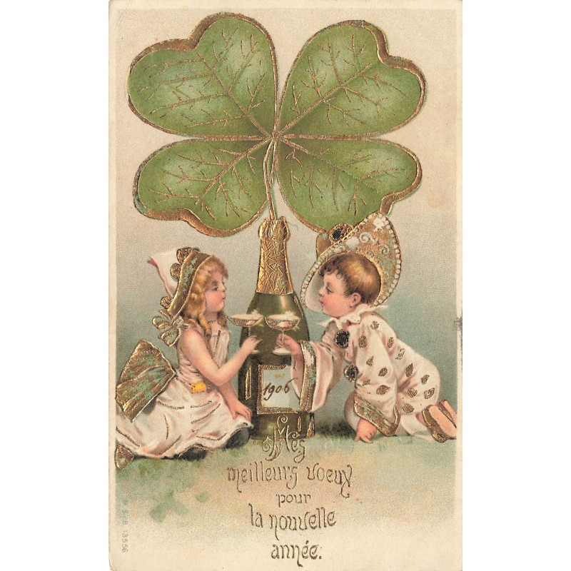 n°30713 - Carte Gaufrée - Nouvel An - Enfants Pierrot trinquant au Champagne sous un Trèfle - Meilleurs VÅux 1906