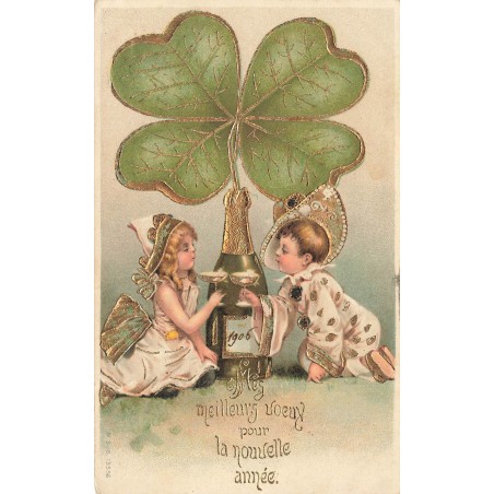 n°30713 - Carte Gaufrée - Nouvel An - Enfants Pierrot trinquant au Champagne sous un Trèfle - Meilleurs VÅux 1906