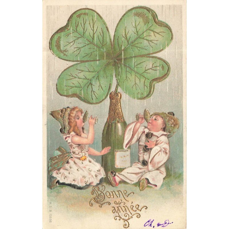 n°30714 - Carte Gaufrée - Bonne Année - MSIB 13556 - Pierrot et Fillette, Champagne et Trèfle à quatre feuilles -