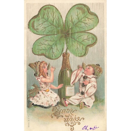 n°30714 - Carte Gaufrée - Bonne Année - MSIB 13556 - Pierrot et Fillette, Champagne et Trèfle à quatre feuilles -