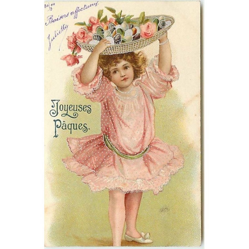 n°13983 - Joyeuses Pâques - Clapsaddle - Fillette portant sur la tête un panier rempli d'oeufs
