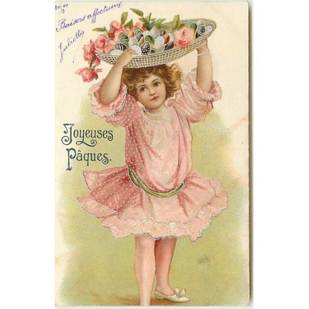 n°13983 - Joyeuses Pâques - Clapsaddle - Fillette portant sur la tête un panier rempli d'oeufs