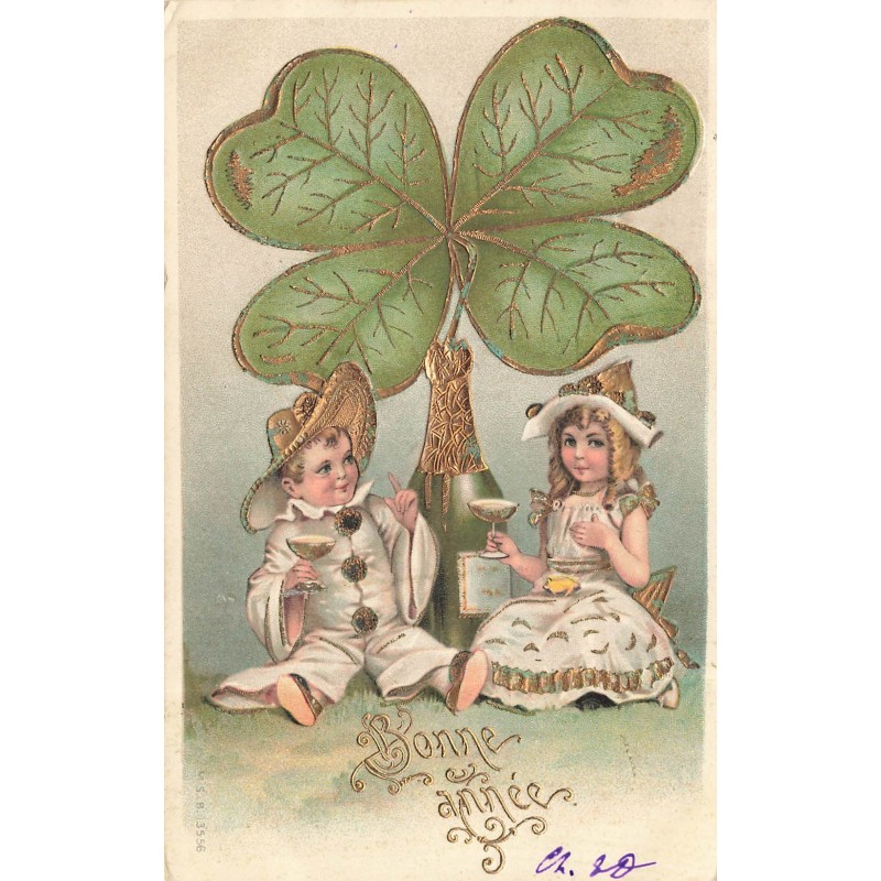 n°30715 - Carte Gaufrée - Bonne Année - MSIB 13556 - Pierrot et Colombine, Champagne et Trèfle à quatre feuilles