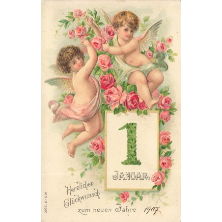 n°30716 - Carte Gaufrée - MSIB 13560 - Deux Chérubins et Roses - Calendrier 1er Janvier - Voeux de Nouvel An 1907