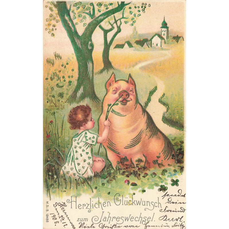 n°30717 - Carte Gaufrée - MSIB 13488 - Enfant et Cochon Porte-Bonheur au Trèfle - VÅux du Nouvel An