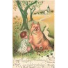 n°30717 - Carte Gaufrée - MSIB 13488 - Enfant et Cochon Porte-Bonheur au Trèfle - VÅux du Nouvel An