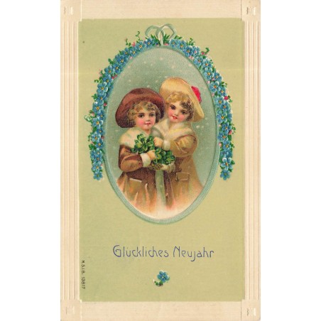 n°30718 - Carte Gaufrée - MSIB 13817- Glückliches Neujahr - Deux fillettes au panier de trèfles