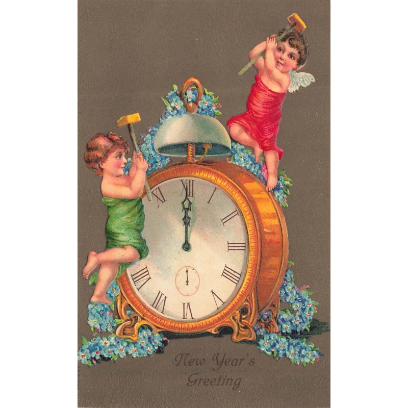 n°30719 - Carte Gaufrée - Anges sonnant Minuit sur un Réveil - New Year's Greeting - Bonne Année
