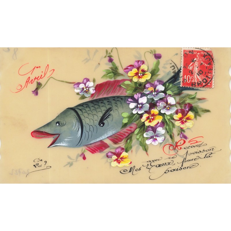 n°30722 - Carte Celluloïd  - 1er Avril - Poisson d'Avril et fleurs