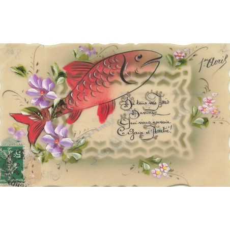 n°30723 - Carte Celluloïd - 1er Avril - Poisson d'Avril rouge et fleurs - Gage d'Amitié