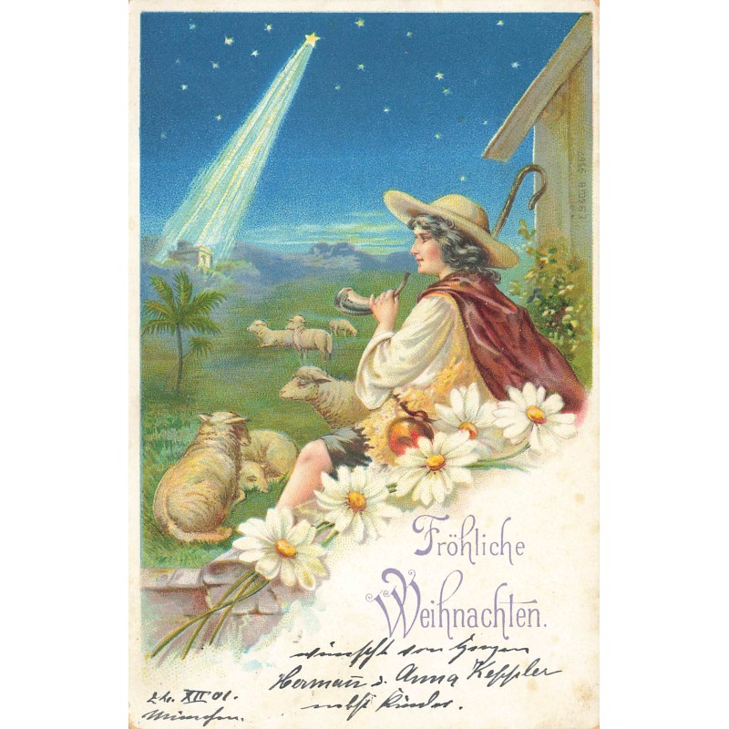n°30725 - Fröhliche Weihnachten - Berger jouant de la corne, moutons et étoile de Bethléem